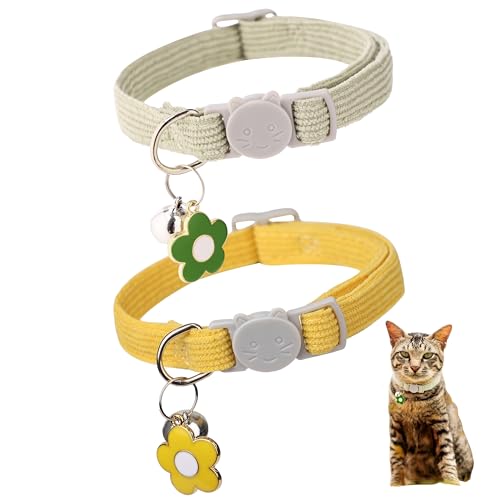 TENICER 2 Pack Cat Collar with Bells, Corduroy Adjustable Kitten Collars with Breakaway Safety Buckle for Boy Girl Cats-Green Yellow