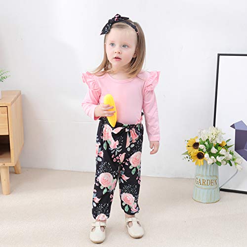 Image of SANMIO Toddler Girl Clothes Cute Ruffle Sleeve Shirt Floral Pants Headband | 3Pcs Fall Winter Outfits Kids Girls Clothing Set 1-6T
