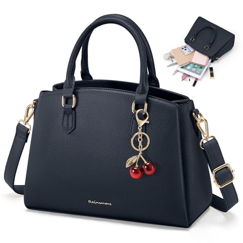RAINSMORE Handtasche Damen Mittelgroß PU Leder Henkeltaschen Damenhandtasche passt 11 Zoll Tablet Umhängetaschen mit Abnehmbar Schulterriemen Handtaschen für Shopper Büro Arbeit Blau