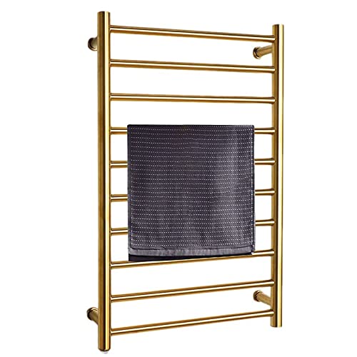Sèche-Serviettes électrique doré 10 Barres en Acier Inoxydable, Montage Mural, 88 W, Rail de séchage câblé pour Salle de Bain, Confort de Luxe