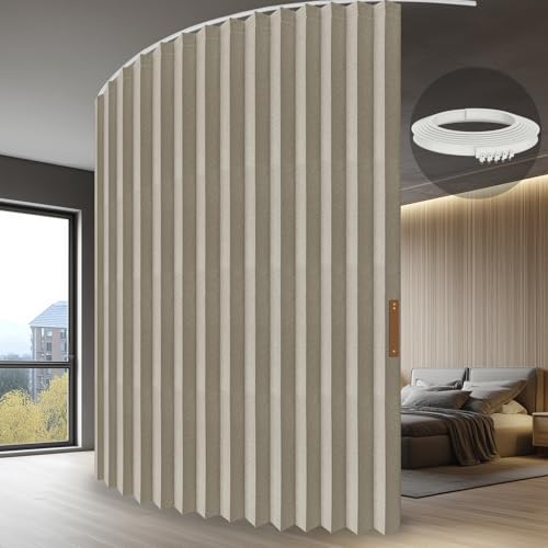 Image of JILRON Accordion Partition Curtain with Ceiling Track - Space-Saving Room Divider, Tool-Free Installation(Off-White 100 inch W x 108 inch L-Pack of 1)