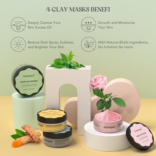 Neatique-Face-Masks-Skincare-Set-480g-120gx4-High-Capacity-Facial-Mask-Clay-Mask-Set-with-Turmeric-wVitamin-C-Green-Tea-Rose-and-Dead-Sea-Mud-Deap-Cleansing-Hydration-and-Pore-Refinement