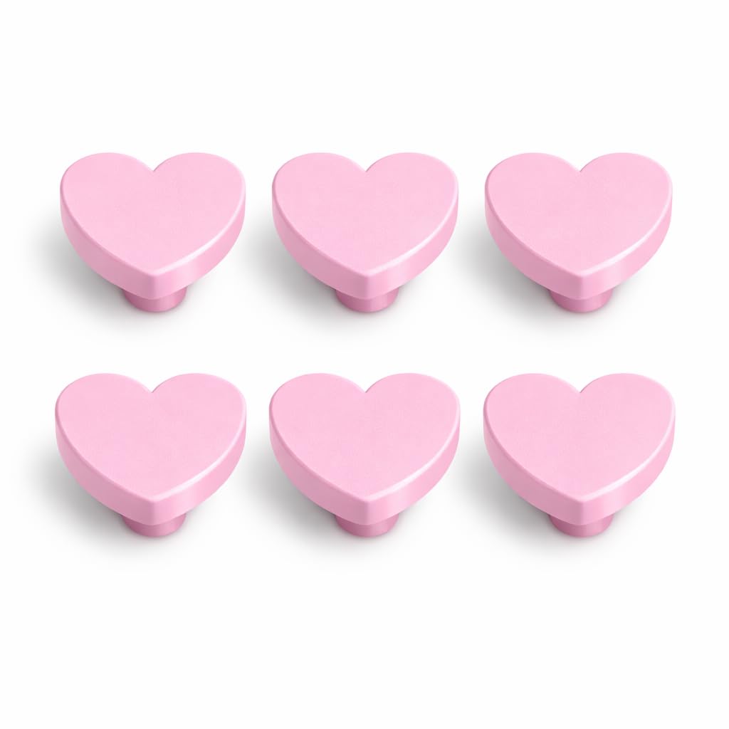 (6-Pack) Pink Heart Children’s Door Knobs – Decorative Pull Handles for Drawers & Cupboards – Nursery, Playroom & Bedroom Furniture Décor – Cute Heart-Shaped Knobs (4.5 x 4.5 cm)