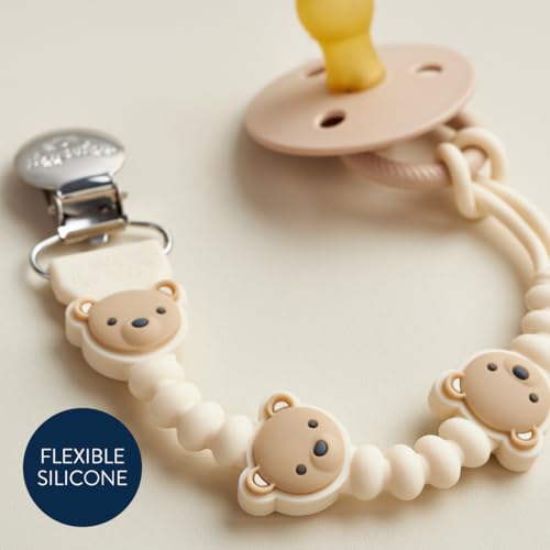 Image of Itzy Ritzy Silicone Pacifier Clip - 100% Food Grade Silicone Pacifier Strap with Clip Keeps Pacifiers, Teethers & Small Toys in Place - Features One-Piece Design, Bear Character & Silicone Cord (Bear)
