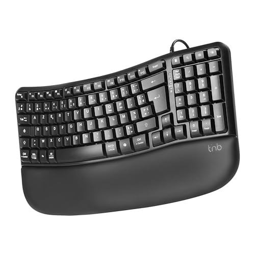 T'nB - Ergo Clavier Ergonomique Filaire AZERTY FR, Forme Ondulée Confortable, Repose Poignet Intégré, 12 Touches De Raccourcis, Compatible PC Et Mac - Noir