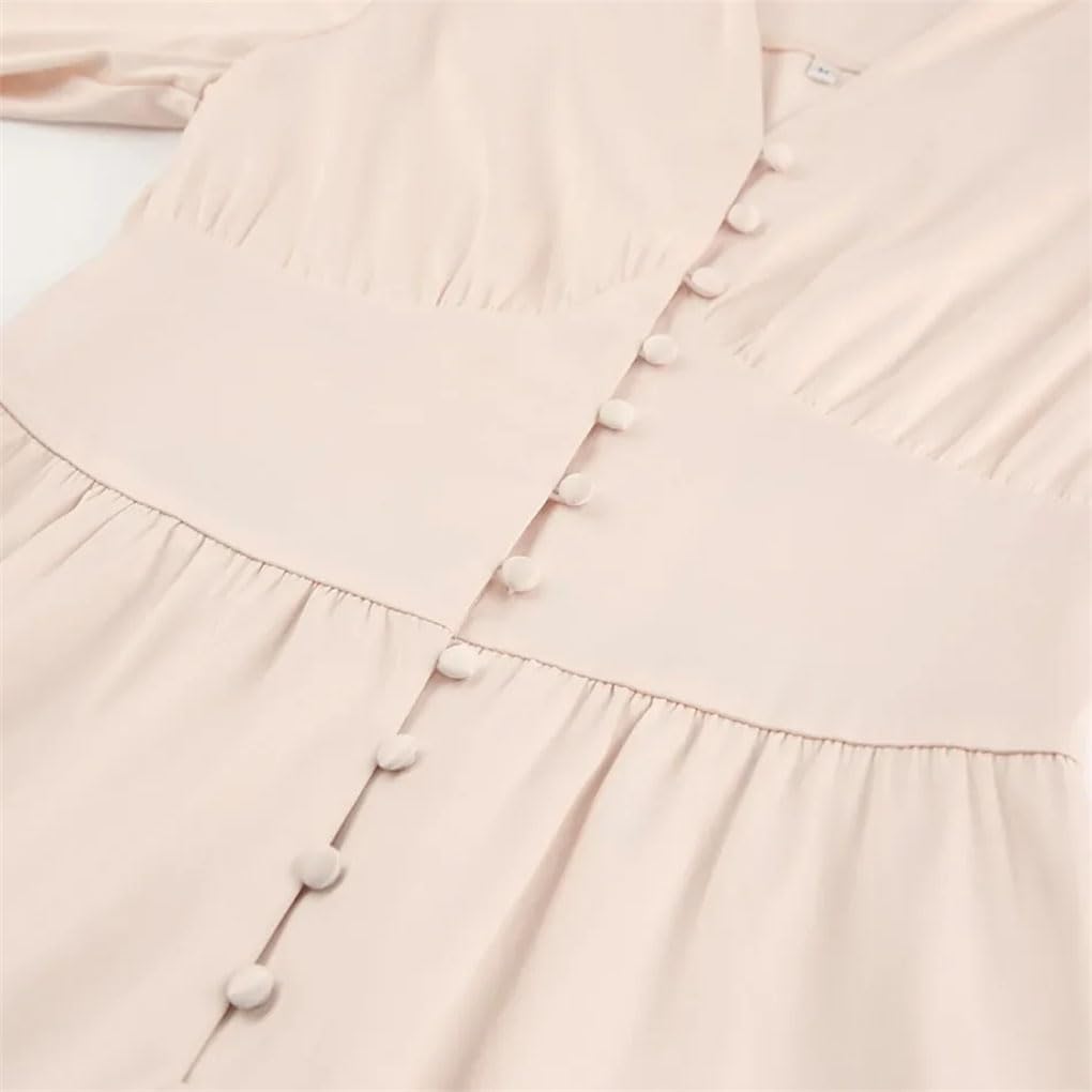 Robe longue en satin à simple boutonnage pour femme - Taille haute - Manches lanterne - Midi
