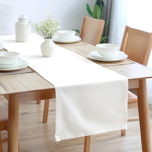 Encasa Camino de Mesa Tamaño 32x230 cm | Tela de Lona de Algodón | Color Sólido Blanco | Lavable a Máquina y Duradero
