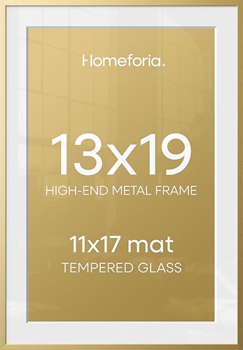 Image of Homeforia 13x19 Picture Frame Gold, High End Metal 13x19 Poster Frames with Mat 11x17 Photo, 13 x 19 Gold Frames Matted to 11 by 17 Print, 19x13 Thin Hanging Frames, Tempered Glass, Wall Kit, Set of 1