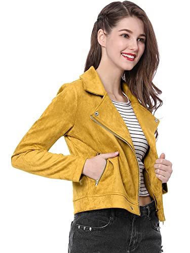 Allegra K Women's Short Soft Zip Up Faux Suede Biker Moto Jacket Large Mustard