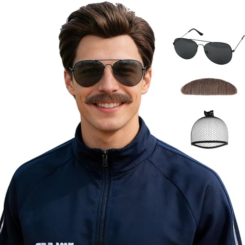 Wallden Hair Mens Short Brown Wig + Mustache + Sunglasses + Wig Cap for 70s 80s Costume Funny Synthetic Male Wigs for Cosplay Halloween Party