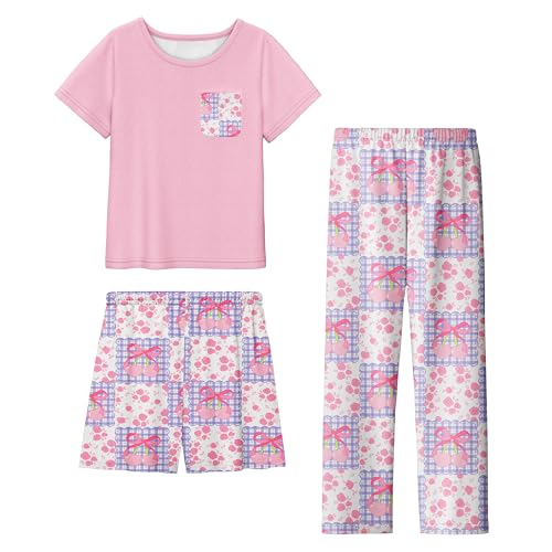 LQSZ Girls' 3-Piece Pajama Set - Short Sleeve Top, Shorts & Long Pants Soft Sleepwear for Kids Cute Printed Nightwear
