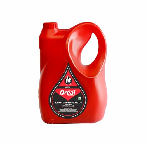 Image of Oreal Premium Kachi Ghani Mustard Oil | 5 Litre | Natural & Pure Sarson Ka Tel | Cold Pressed | Cholesterol-Free | Rich in Omega 3 & 6 | Boosts Immunity | Ideal for Cooking & Pickling Sarso Oil