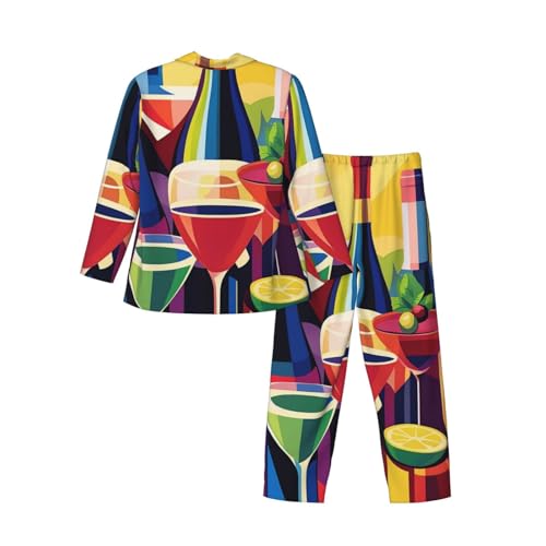Wine Bottles And Cocktails Mens Pajamas Set Button Down Sleepwear Set Long Sleeve Loungewear With Pockets4