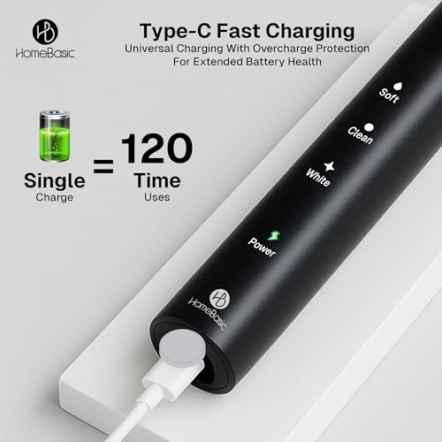Image of HomeBasic Sonic Shine Electric Toothbrush for Adults, Rechargeable with 6 Brush Heads | 3 Modes, Smart 2-Min Timer, USB-C Charging, 50-Day Battery | IPX7 Waterproof Travel Case Included (Black)