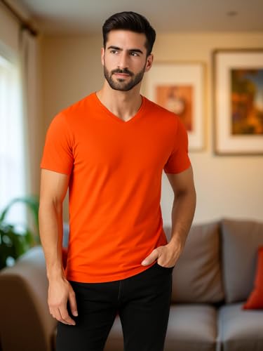 Image of Friskers Men's V-Neck Short Sleeves Cotton T-Shirt - Casual T-Shirt, Regular Fit