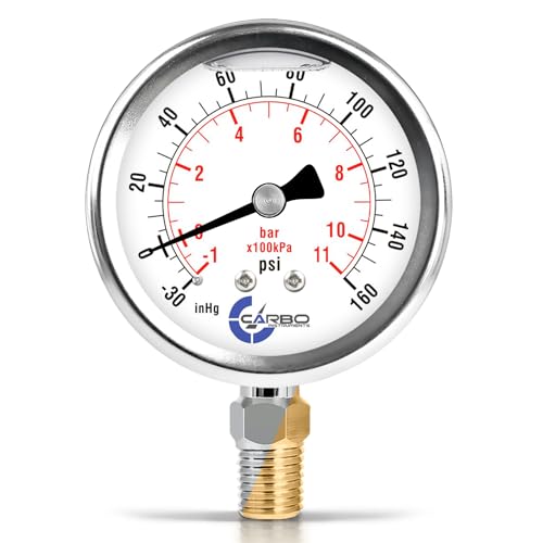 CARBO Instruments Compound Pressure Gauge -30 inHg to 160 PSI, Liquid Filled, 2.5" Dial, 1/4 NPT Lower Mount, 304 Stainless Steel Case, Brass Wetted Parts, Dual Scale PSI/inHg - ASME B40.1 Grade A