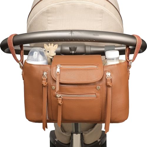 Image of miss fong Stroller Organizer with Insulated Cup Holder Stroller Accessory Bag, Stroller Caddy Stroller Diaper Bag Stroller Storage with Adjustable Strap to Fit All Strollers (Brown)