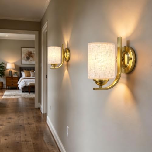 Image of Wall Sconces Lights Lamp for Bedroom Bathroom, Modern Vanity Light Fixtures, Gold Farmhouse Wall Mount Lighting Lanterns with Fabric Shade for Living Room Mirror Hallway Kitchen