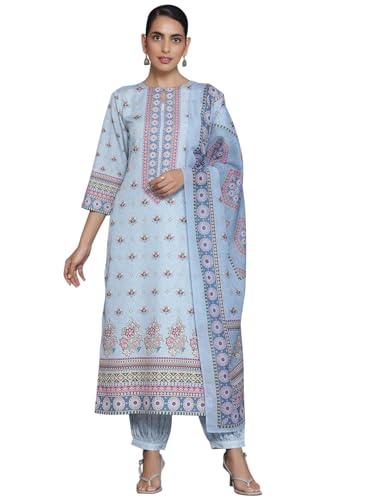 Libas Blue Printed Poly Crepe Straight Kurta With Salwar & Dupatta