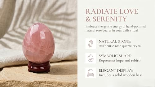 Image of AMOYSTONE Rose Quartz Crystal Egg with Base, Natural Healing Stone for Reiki and Home Decoration, 2.7-3 Inch, Individually Crafted for Spiritual Space Enhancement