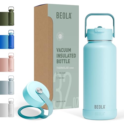 BEOLA 950ml Water Bottle 18/8 Stainless Steel 304 Double Wall Insulated thermo Bottle with Straw Lid and wide mouth 2 lids included Hot Cold Liquids Sports Bottle 32oz (Sage Mist)