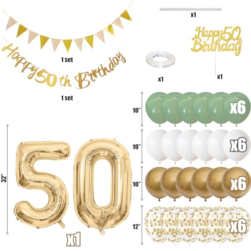 Image of 50th Birthday Decorations for Men Women, Sage Green White Gold Balloons with 50th Banner Number 50 Balloon for 50 Year Old Birthday Party Decor