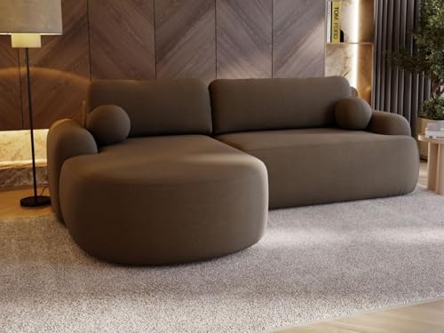 GRAINGOLD Aurio Ecksofa mit Schlaffunktion & Bettkasten 261x177 cm, L-Form Sofa mit Stauraum, Schlafcouch für Wohnzimmer, Bouclé-Stoff, 3-Sitzer Eckcouch, Modernes Design (Dunkelbraun, Links)