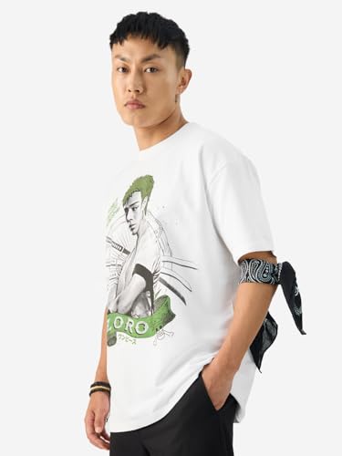 Image of The Souled Store Official One Piece: Roronoa Zoro Men and Boys Short Sleeve Round Neck White Graphic Printed Cotton Oversized T-Shirts