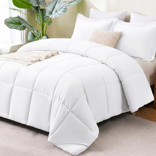 CozyLux Full Size Comforter Sets - 270GSM White Bedding Sets for All Seasons 3 Pieces Box Stitched Bed Set with 1 Down Alternative Comforter and 2 Pillow Shams Soft Lightweight Breathable