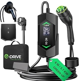 Chargeur Voiture Electrique 16 A [3.7 KW, 6M ] Compatible Prise Green up & Skudo-Écran LCD + Départ Différé + Support & Câble Type 2 - E-Drive Solution Marque Française