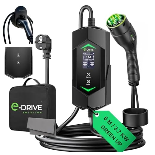 Chargeur Voiture Electrique 16 A [3.7 KW, 6M ] Compatible Prise Green up & Skudo-Écran LCD + Départ Différé + Support & Câble Type 2 - E-Drive Solution Marque Française