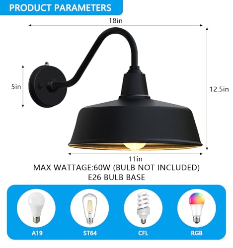 Image of JOESA Enhance The Aesthetics of Your Outdoor Space with a Stylish Black Gooseneck Barn Light - Durable and Weatherproof Design, Perfect for Illuminating Porch, Garage, and More.