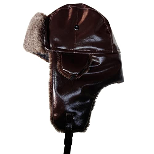Fliegermütze, Bombermütze Herren Winter Kunstleder Pelz russische Ohrenklappe Trapper Cap Flieger-Fleece-Mütze (Braun) Cover