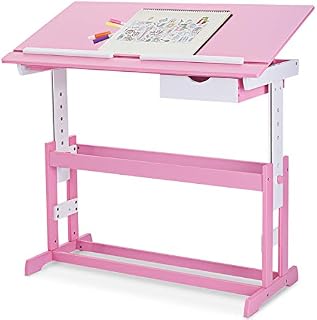 Maxmass Height Adjustable Study Table, Multifunctional Children Writing Reading Drawing Tables with Spacious Drawer, Large MDF Desktop and 2 Stop Bars, Kids Painting Desk for Boys Girls (Pink)