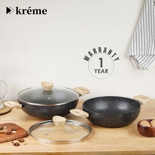 Image of Kreme Venetia Premium Series 4-Piece Granite Kadai Cookware Set with Lid | Non-Stick Aluminium Deep Kadhai | Granite Coating | Induction & Gas Stove Compatible | Healthy Low-Oil Cooking, Grey