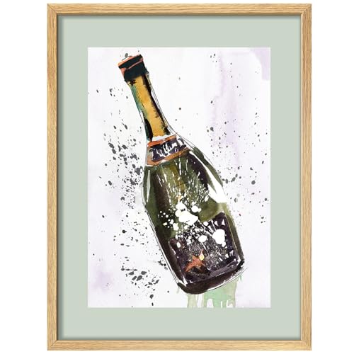 SIGNWIN Poster Champagne Bottle Dynamic Watercolor with Splashes Illustrations Minimalist Decorative for Living Room, Bedroom, Office - 8"x10"