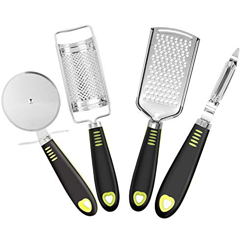 4 Stück Edelstahl-Küchenhelfer-Set, Käsereibe/Zestenreisser/Schäler / Pizzaschneider mit Soft-Touch-Griffen, für Zitrone, Orange, Käse, Schokolade, Kartoffel, Ingwer, Knoblauch, Gemüse, Obst, Pizza