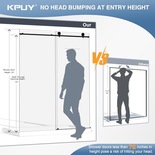 KPUY Frameless Shower Door, 56-60\" W x 76\" H Glass Shower Door, Sliding Shower Door with 1/4\" (6mm) Tempered Glass, Stainless Steel Frame Shower Glass Door with Explosion-Proof Film in Matte Black