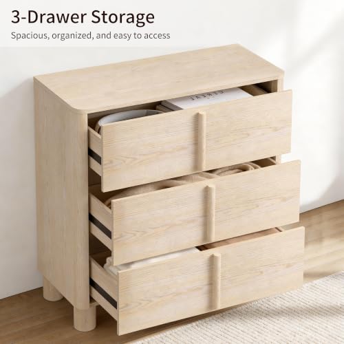 Image of 31.5 inch Wide 3 Drawer Nightstand, Wood Grain Chest of Drawers, Large Bedside Storage Cabinet with Drawers for Bedroom and Living Room, Curved Design with Rounded Wood Handles,Natural Wood