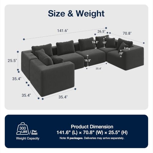 Image of Avenco 141-inch 6-seat Modular Sectional Sofa Couch, Corduroy Fabric