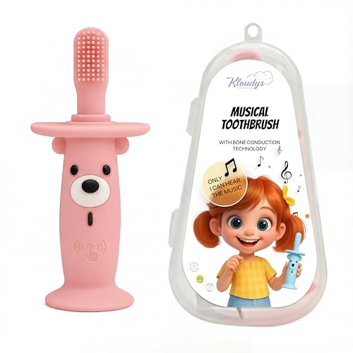 KLOUDYS Vibrating Baby Toothbrush l Bone Conduction Music l Soft BPA-Free Silicone Oral Sensory chew Toys for Kids & Babies, 9-24 Months, Pink