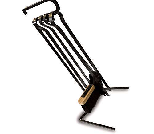 Serviteur cheminée acier moderne | 4 accessoires | Socle + pelle + balayette + tisonnier + pince | Kibros 4SC0070