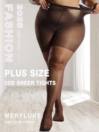 Image of MERYLURE Plus Size Sheer Tights for Women,20D Control Top Pantyhose Reinforced Toes High Waist Stockings 3 Pairs 1XL-6XL