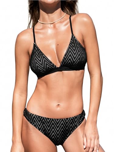 CUPSHE Bikini Set for Women Two Piece Swimsuits V Neck Low Rise Crisscross Back Self Tie Spaghetti Straps, M Black/Striped