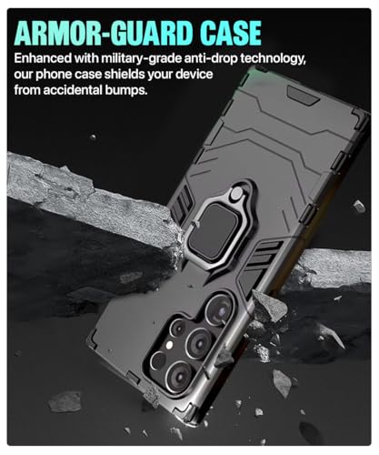 Image of WOW IMAGINE Shock Proof Back Case Mobile Cover for Samsung Galaxy S23 Ultra 5G | Back Cover Case (Tough Armor | Hybrid PC + TPU | Ring Holder & in-Built Kickstand | Black)