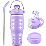 MUKOKO 32 oz Glass Tumbler with Straw,Glass Water Bottles with Time Marker,Iced Coffee Cup with 2 Lids-Handle Spout Lid&Straw Lid,Silicone Sleeve,Leakproof,1 Pack-Purple