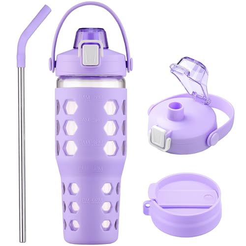 MUKOKO 32 oz Glass Tumbler with Straw,Glass Water Bottles with Time Marker,Iced Coffee Cup with 2 Lids-Handle Spout Lid&Straw Lid,Silicone Sleeve,Leakproof,1 Pack-Purple