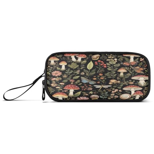 Image of Caikeny Pencil Case Vintage Woodland Mushroom Pen Bag Black Large Capacity Pencil Box Pen Pouch with Zipper Cosmetic Organizer for Kids Teens Adults