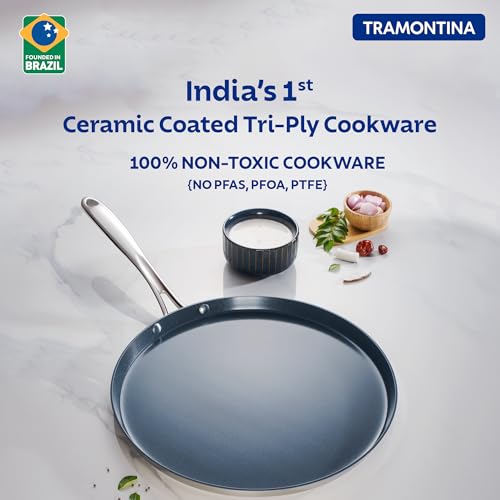 Image of TRAMONTINA Fusao Healthy Triply Ceramic 28 Cm Dosa Tawa 4mm Thick | Non Toxic (PFAS /PTFE /PFOA Free) | Uttapam Tawa | Roti | Parantha | Induction Friendly | Stay Cool Handle I 10 Year Warranty.