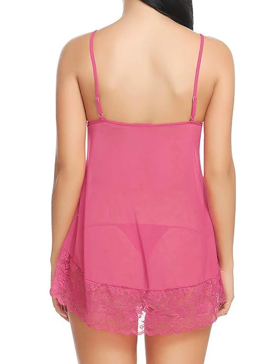 Image of Stylbase Babydoll Lingerie Night Dress Women Lace Slip & net Nighty Set - V-Neck Lycra Chemise Sleepwear Nightdress with Adjustable Straps & Matching Thong Panty, Bridal Honeymoon Nightwear (Upto L)